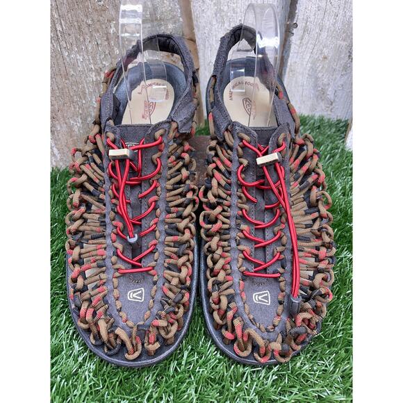 Keen Uneek Braided Two Cord Fisherman Sandals Stripes Red Dahlia Raya Men\'s 12